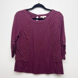 Skies Are Blue 100% Linen Womens Eyelet Coastal Girl Workwear Woven Top Medium